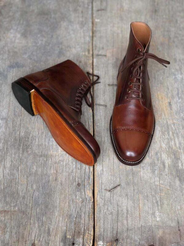 Handmade Men's Ankle High Brown Leather Cap Toe Boot - leathersguru