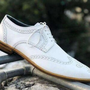 Men's Leather White Wing Tip Brogue Shoes - leathersguru