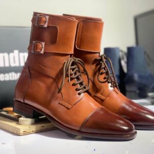 Handmade Brown Ankle High Double Monk Strap Lace Up Boots, Man's Oxford Boot