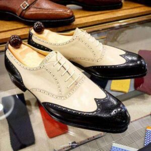 Handmade Beige Black Leather Wing Tip Brogue Shoes - leathersguru