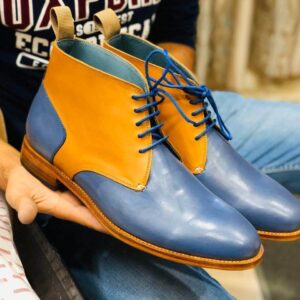 Handmade Tan & Blue Half Ankle Leather Boots - leathersguru