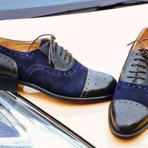 Men's Blue Black Leather Suede Cap Toe Brogue Shoes - leathersguru