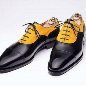Handmade Men's Yellow Black Leather Suede Cap Toe Shoes - leathersguru