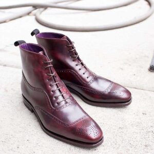 Handmade Brogue Toe Burgundy Lace Up Boot - leathersguru