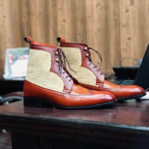 Bespoke Tan Beige Leather Suede Wing Tip Ankle Boots - leathersguru