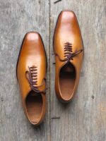 Handmade Men's Tan Leather Lace Up Derby Shoes - leathersguru