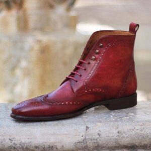 Handmade Burgundy Leather Wing Tip Brogue Boot - leathersguru