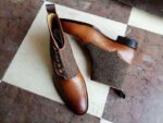 Handmade Brogue Toe Leather Tweed Button Tan Boot - leathersguru