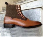 Handmade Brogue Toe Leather Tweed Button Tan Boot - leathersguru