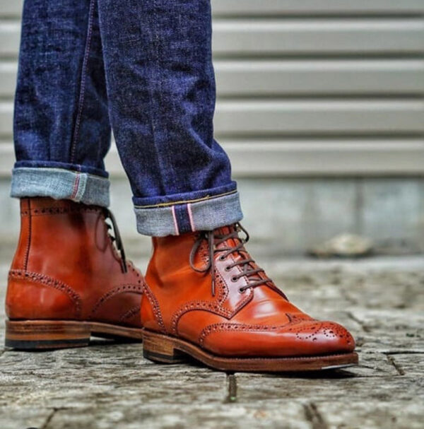 Handmade Ankle brown Wing Tip Brogue Lace Up Leather Boot