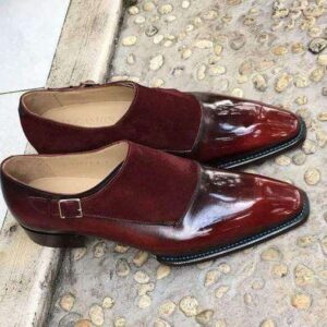 Handmade Men's Maroon Leather Suede Monk Strap Shoes - leathersguru