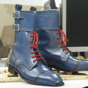Handmade Blue Cap Toe Leather Double Monk Ankle High Boot,Men's Boot,Oxford Boot