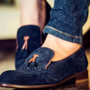 Men's Handmade Blue Suede Tussles Loafers Shoe - leathersguru