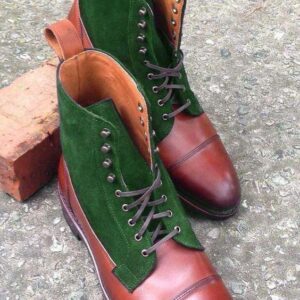 Bespoke Cap Toe Leather Suede Brown Green Boot - leathersguru