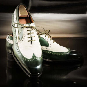 Bespoke White Green Wing Tip Lace Up Shoe for Men's - leathersguru