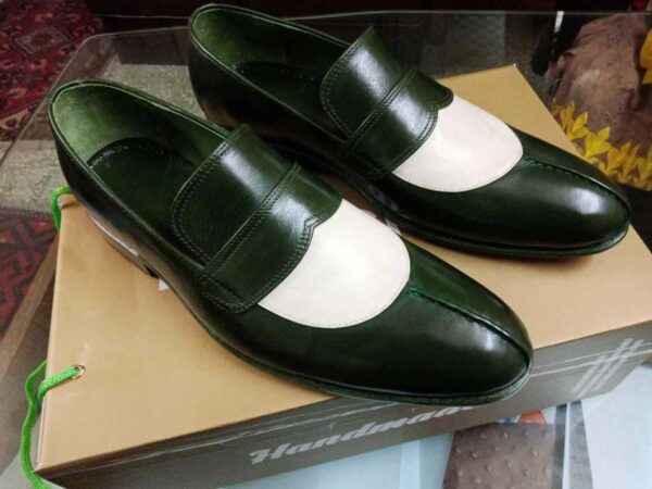 Loafers Men's Split Toe Green White Leather Shoes - leathersguru
