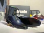 Bespoke Blue Ankle High Leather Suede Wing Tip Lace Up Boot, Men's Fashion Boot