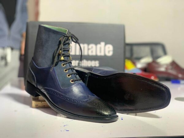 Bespoke Blue Ankle High Leather Suede Wing Tip Lace Up Boot, Men's Fashion Boot