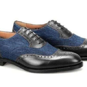 Handmade Men's Navy Blue Black Leather Suede Brogue Shoes - leathersguru