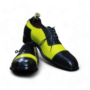 Bespoke Black Yellow Cap Toe Lace Up Leather Shoes,Men's Party Shoes