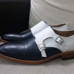 Handmade Men's Black White Leather Monk Strap Cap Toe Shoe - leathersguru