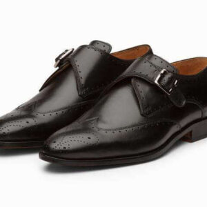 Handmade Black Wing Tip Brogue Monk Strap Shoe - leathersguru