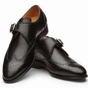 Handmade Black Wing Tip Brogue Monk Strap Shoe - leathersguru