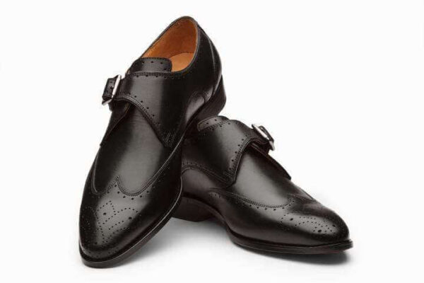 Handmade Black Wing Tip Brogue Monk Strap Shoe - leathersguru