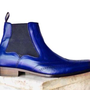 Handmade Men's Ankle High Blue Leather Wing Tip Chelsea Boot - leathersguru