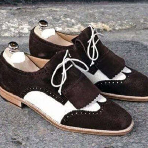 Handmade Brown White Suede Fringe Loafers - leathersguru