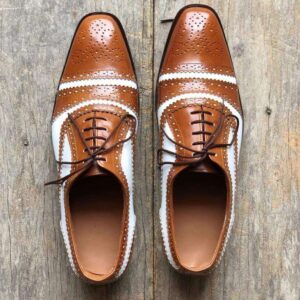 Men's Leather White Brown Cap Toe Lace Up Shoes - leathersguru