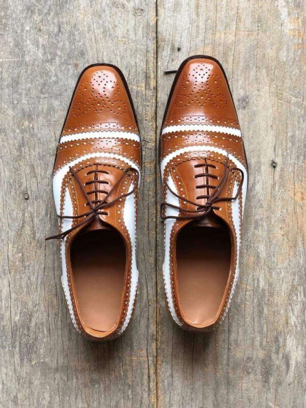 Men's Leather White Brown Cap Toe Lace Up Shoes - leathersguru