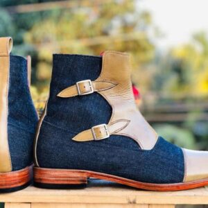 Men's Beige & Blue Cap Toe Denim Leather Boot - leathersguru