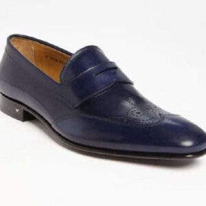 Handmade Blue Leather Penny Loafers - leathersguru