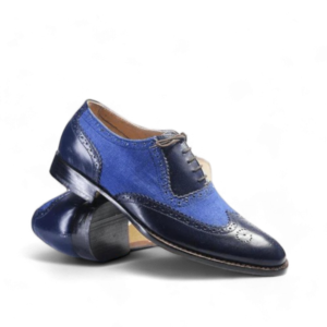 Bespoke Black & Blue Wing tip Denim Leather Shoes, Men's Oxford Shoes