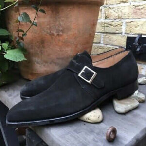 Bespoke Black Suede Monk Strap Shoe for Men - leathersguru