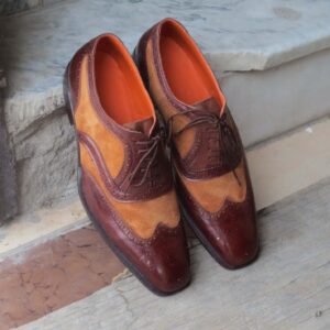 Men's Brown Leather Suede Lace Up Shoes Men Dress Formal Wing Tip Brogue Shoes