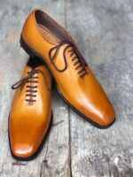 Handmade Men's Tan Leather Lace Up Derby Shoes - leathersguru