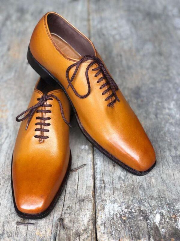 Handmade Men's Tan Leather Lace Up Derby Shoes - leathersguru