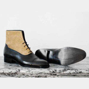 Bespoke Cap Toe Leather Suede Black Beige Boot - leathersguru