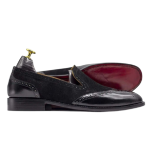 Bespoke Black Suede Leather Wing Tip Toe Loafer Shoe - leathersguru