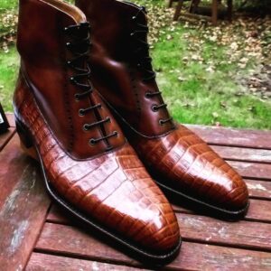 Men's Ankle High Alligator Leather Brown Lace Up Boot - leathersguru