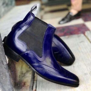 Handmade Men's Ankle High Leather Purple Wing Tip Chelsea Boot - leathersguru