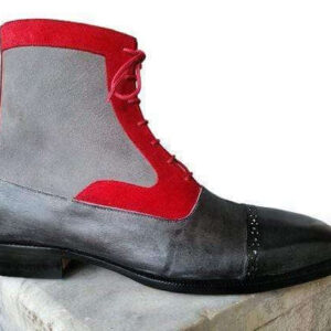 Men's Ankle High Black Red Leather Suede Gray Cap Toe Boot - leathersguru