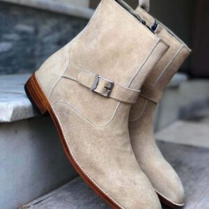 Handmade Men's Ankle High Beige Suede Jodhpurs Buckle Boot - leathersguru