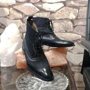 Handmade Black Leather Tweed Wing Tip Boot - leathersguru