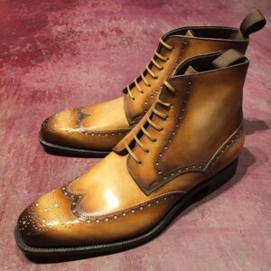 Handmade Tan Wing Tip Ankle Leather Dress Boot,Oxford Formal Men Boot