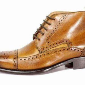 Handmade Men's Ankle Brown Leather Cap Toe Chukka Lace Up Boot - leathersguru