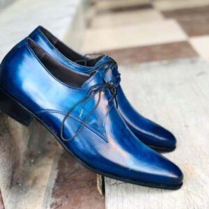 Men's Blue Leather Lace Up Derby Shoes - leathersguru