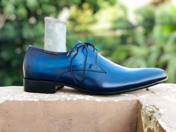 Men's Blue Leather Lace Up Derby Shoes - leathersguru